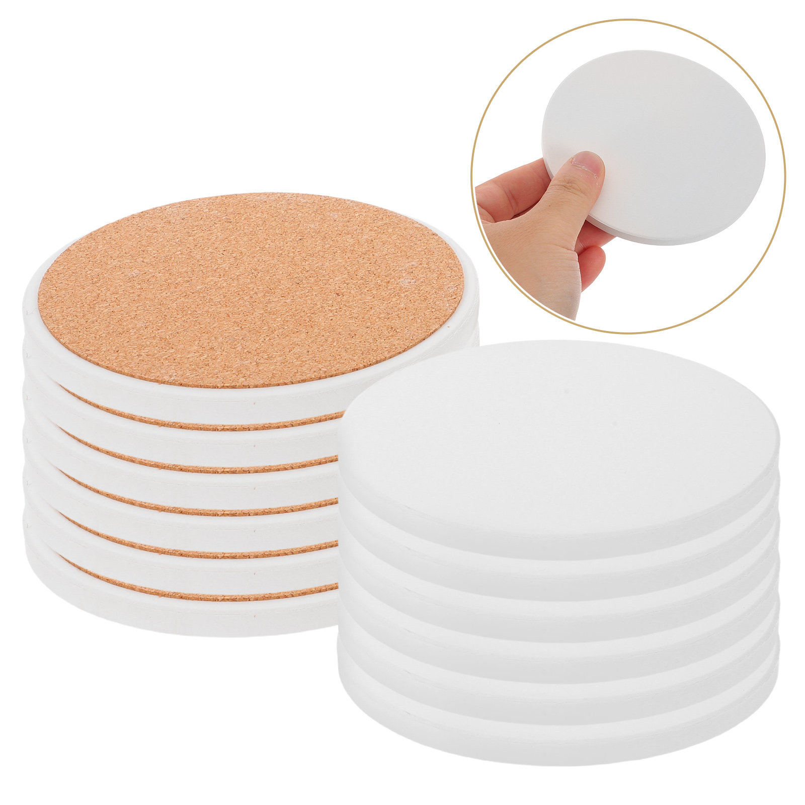 Coaster Sublimation Blank - แผ่นรองแก้วเซรามิกสีขาวแบบกลม 12 ชิ้น พร้อมแผ่นรองกันความร้อนแบบไม้ก๊อก สำหรับงานพิมพ์ลาย DIY