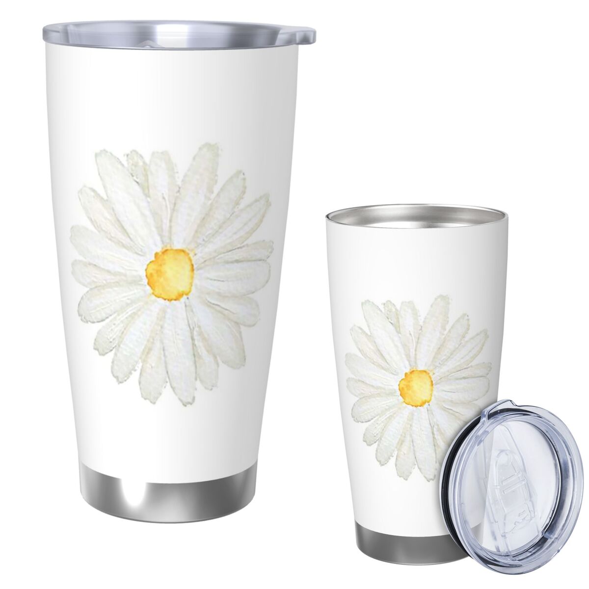 Tumbler 20Oz White - แก้วน้ำสแตนเลสสตีลสุญญากาศลายดอกเดซี่สีขาววาดด้วยมือ ขนาด 20 ออนซ์ พร้อมหลอด