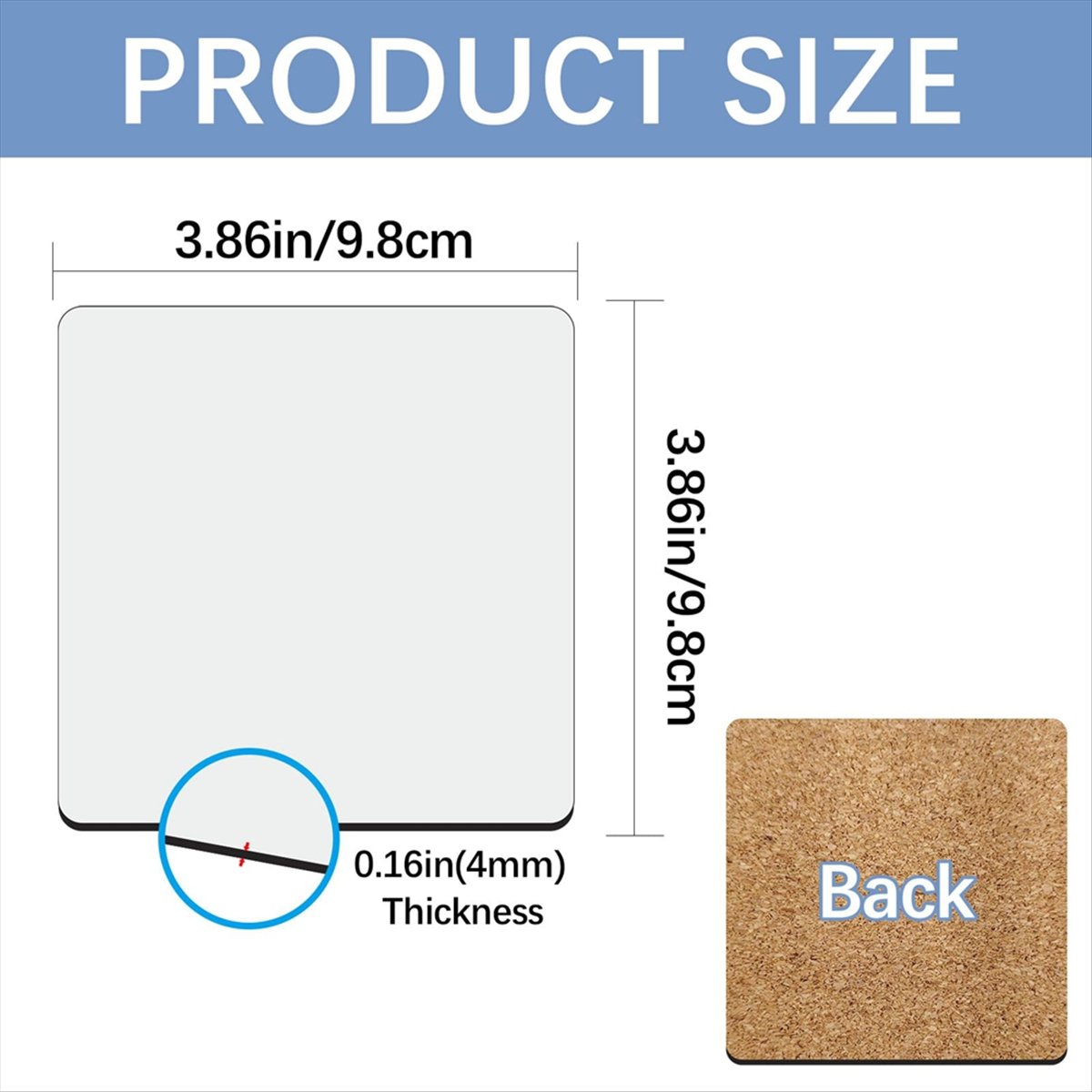 Coaster Sublimation Blank - ABYA แผ่นรองแก้วสี่เหลี่ยมสำหรับงานซับลิเมชัน 30 ชิ้น พร้อมแผ่นรองไม้ก๊อก ขนาด